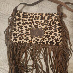Handmade genuine leather leopard print cowhide fringe crossbody purse